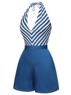 [Pre-Sale] Blue 1940s Symmetrical Stripe V-Neck Halter Romper -Women's Fashion Sales SCHL004006 2