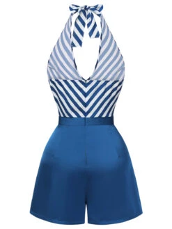 [Pre-Sale] Blue 1940s Symmetrical Stripe V-Neck Halter Romper -Women's Fashion Sales SCHL004006 3