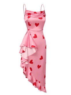 Pink 1960s Heart Cowl Collar Sling Dress -Women's Fashion Sales SCHL004017 2