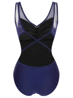 Deep Blue 1930s Solid Back Cross Swimsuit 8 Deep Blue 1930s Solid Back Cross Swimsuit -Women's Fashion Sales SCHL004025 3