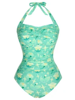 Green 1930s Halter Plants Print One-Piece Swimsuit