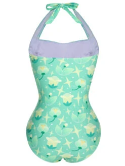 Green 1930s Halter Plants Print One-Piece Swimsuit -Women's Fashion Sales SCHL004041 3