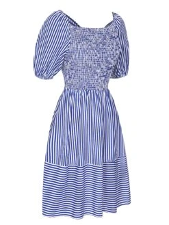 Blue 1950s Striped Raglan Square Neck Smocked Dress -Women's Fashion Sales SCHL004061 2