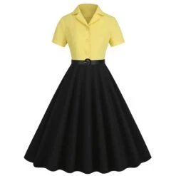 1950s Lapel Contrast Belted Dress -Women's Fashion Sales SCHL004157 Y 2 compressed