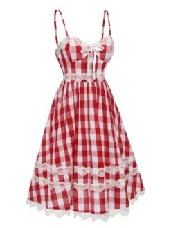 [Pre-Sale] Red 1950s Plaid Lace Bow Strap Dress -Women's Fashion Sales SCHL004164 2
