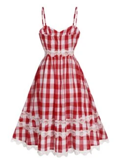 [Pre-Sale] Red 1950s Plaid Lace Bow Strap Dress -Women's Fashion Sales SCHL004164 3
