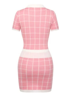 2PCS Pink & Whte 1950s Plaid Top & Pencil Skirt -Women's Fashion Sales SCHL004188 3