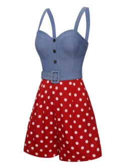 [Pre-Sale] Blue 1960s Polka Dots Spaghetti Straps Romper -Women's Fashion Sales SCHL004230 2