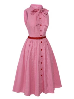 [Pre-Sale] Pink 1950s Pinstripes Tie Collar Dress -Women's Fashion Sales SCHL004234 2