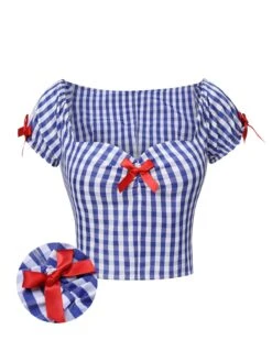 [Pre-Sale] Blue & White 1950s Sweetheart Neck Plaid Top