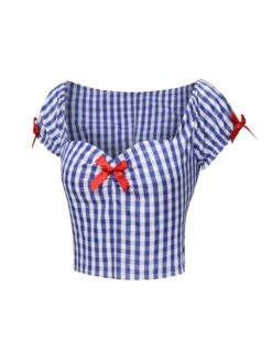 [Pre-Sale] Blue & White 1950s Sweetheart Neck Plaid Top -Women's Fashion Sales SCHL004236 2