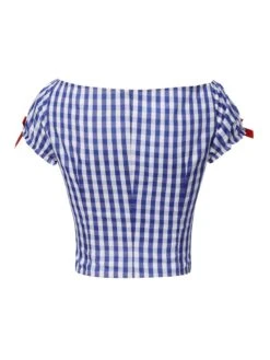 [Pre-Sale] Blue & White 1950s Sweetheart Neck Plaid Top -Women's Fashion Sales SCHL004236 3