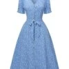 Blue 1940s Flower Print V-Neck Buttons Dress