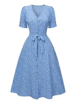 Blue 1940s Flower Print V-Neck Buttons Dress
