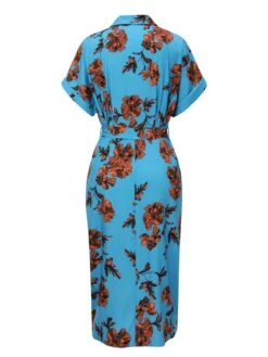Blue 1940s Shirt Neck Floral Belted Dress -Women's Fashion Sales SCHL004377 3 compressed