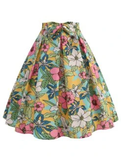 Retro 1950s Floral Print Bow Skirt