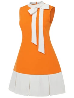[Plus Size] Orange 1960s Bow Patchwork Sleeveless Dress -Women's Fashion Sales SCHL004466 2