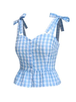 [Pre-Sale] Blue 1960s Straps Plaid Ruffled Hem Tops -Women's Fashion Sales SCHL004474 2