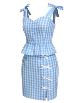 [Pre-Sale] 2PCS Blue 1960s Plaid Ruffled Hem Tops & BowKnot Skirts -Women's Fashion Sales SCHL004474 SCHL004475 2