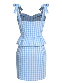 [Pre-Sale] 2PCS Blue 1960s Plaid Ruffled Hem Tops & BowKnot Skirts -Women's Fashion Sales SCHL004474 SCHL004475 3
