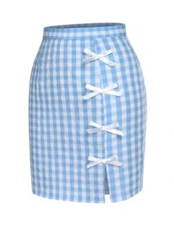 [Pre-Sale] Blue 1960s Plaid BowKnot Skirts -Women's Fashion Sales SCHL004475 2