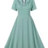Green Gray 1950s Lapel Solid Dress -Women's Fashion Sales SCHL004510 1 compressed