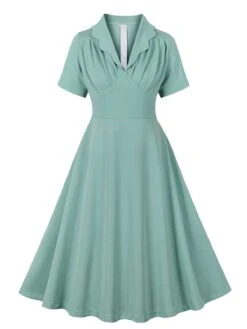 Green Gray 1950s Lapel Solid Dress