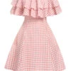 Pink 1950s Plaid Off-Shoulder Dress -Women's Fashion Sales SCHL004517 1