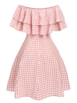 Pink 1950s Plaid Off-Shoulder Dress -Women's Fashion Sales SCHL004517 3