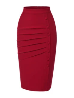 [Pre-Sale] Red 1940s Pleated Button Pencil Skirt -Women's Fashion Sales SCHL004541 2