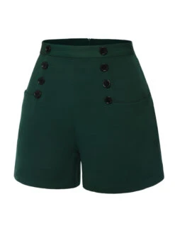 [Pre-Sale] Dark Green 1940s Solid Button Shorts -Women's Fashion Sales SCHL004543 2