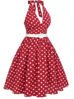 [Pre-Sale] [Plus Size] Red 1950s Polka Dot Halter Dress -Women's Fashion Sales SCHL004691 2 compressed