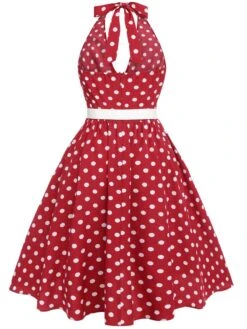 [Pre-Sale] [Plus Size] Red 1950s Polka Dot Halter Dress -Women's Fashion Sales SCHL004691 3 compressed