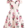 Pink 1950s Floral Spaghetti Strap Dress -Women's Fashion Sales SCV000257 PP 1