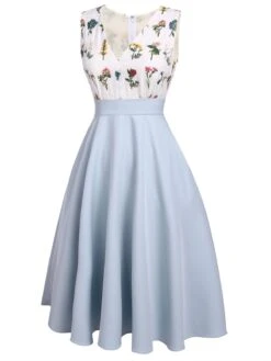 Blue 1950s Embroidery Pockets Swing Dress -Women's Fashion Sales SCV016183 2