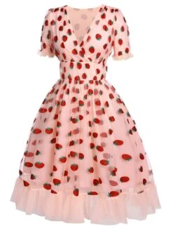 Pink 1950s Lace Strawberry Swing Dress -Women's Fashion Sales SCV016214 2