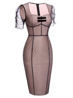 Pink 1960s Polka Dot Mesh Pencil Dress -Women's Fashion Sales SCV016485 2