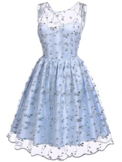 Blue 1950s Floral Embroidery Lace Dress -Women's Fashion Sales SCV016947 2