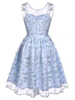 Blue 1950s Floral Embroidery Lace Dress -Women's Fashion Sales SCV016947 3