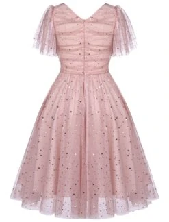 Pink 1950s Star Sequin Lace Swing Dress -Women's Fashion Sales SCV017382 3