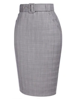 Gray 1960s Plaid Belt Pencil Skirt -Women's Fashion Sales SCV019064 2