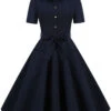 Navy Blue 1950s Solid Belt Swing Dress -Women's Fashion Sales SCV021021 NB 1
