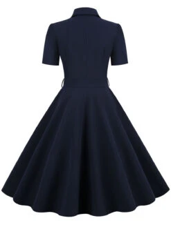 Navy Blue 1950s Solid Belt Swing Dress -Women's Fashion Sales SCV021021 NB 2