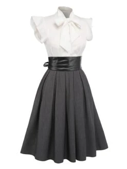 White & Gray 1950s Lace-Up Swing Dress -Women's Fashion Sales SCV021041 2
