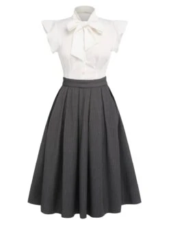 White & Gray 1950s Lace-Up Swing Dress -Women's Fashion Sales SCV021041 4