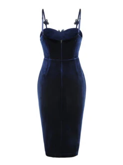 Blue 1960s 3D Butterfly Velvet Pencil Dress -Women's Fashion Sales SCV021075 2