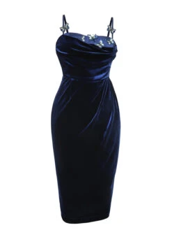 Blue 1960s 3D Butterfly Velvet Pencil Dress -Women's Fashion Sales SCV021075 3