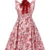 Red 1940s Floral Bow Lapel Sleeveless Dress -Women's Fashion Sales SCV021524 1