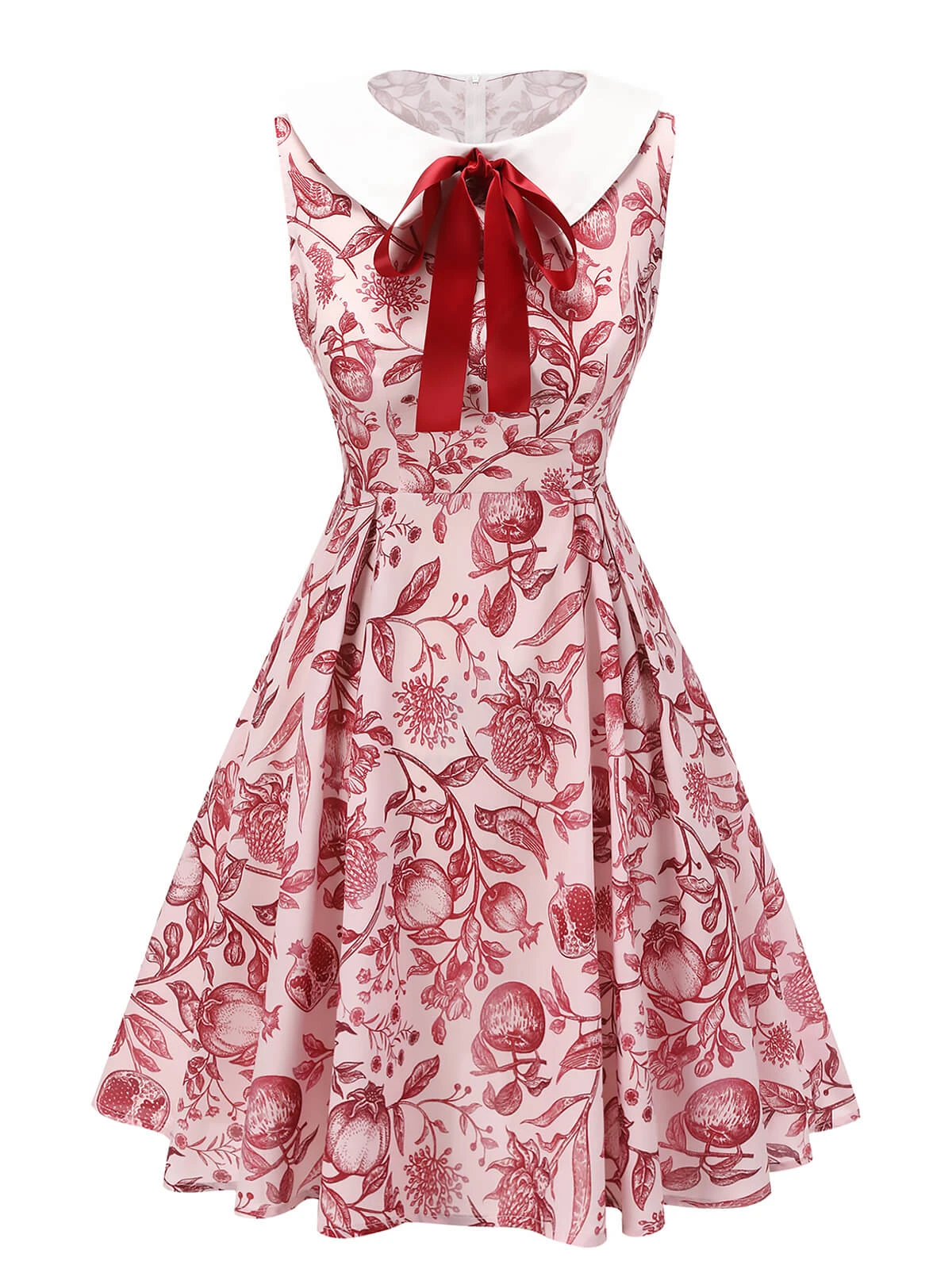 Red 1940s Floral Bow Lapel Sleeveless Dress 3 Red 1940s Floral Bow Lapel Sleeveless Dress