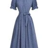 Blue 1930s Polka Dots Bow Tie Pleated Dress -Women's Fashion Sales SCV021582 1 compressed